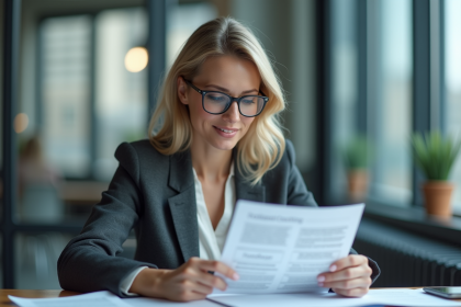 Femme en blazer examinant des documents de coaching professionnel