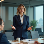 Femme en costume navy lors d'une réunion en entreprise