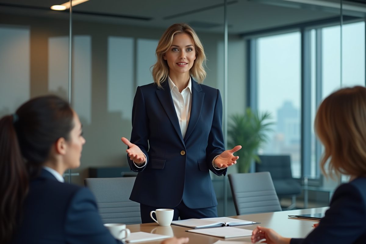 Femme en costume navy lors d'une réunion en entreprise