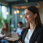 Jeune femme confiante en coworking moderne pour l'article