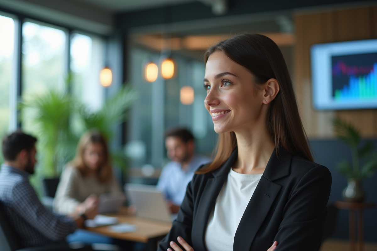 Jeune femme confiante en coworking moderne pour l'article