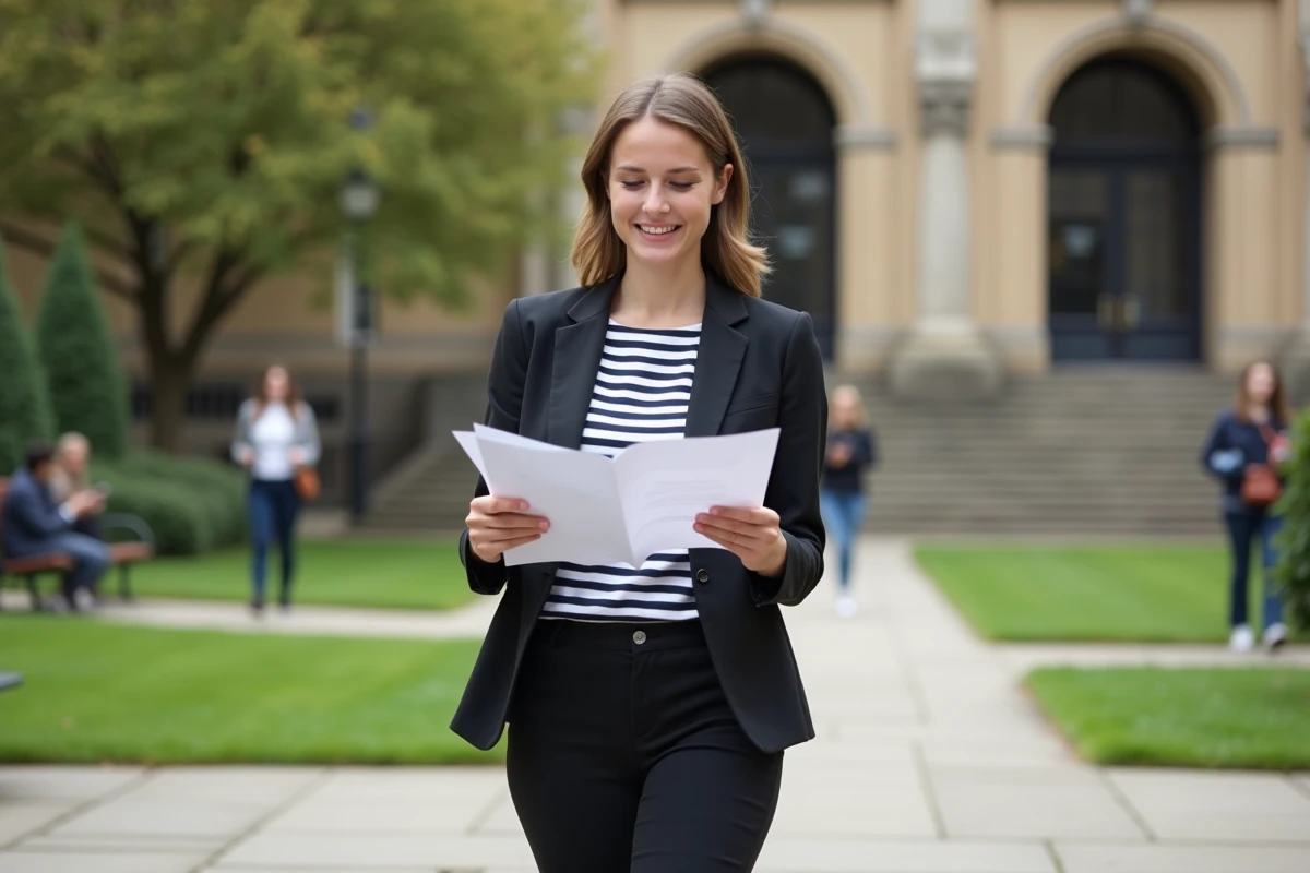 Femme en blazer marche dans la cour universitaire avec documents en main