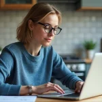 Femme assise à la cuisine avec ordinateur et carnet