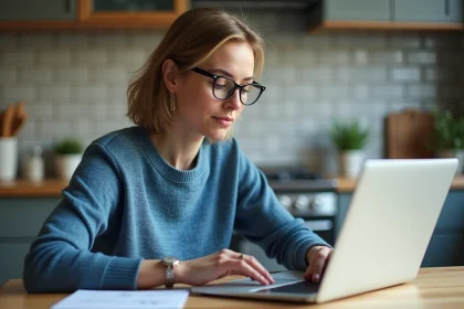 Femme assise à la cuisine avec ordinateur et carnet