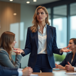 Femme confiante en costume navy lors d'une réunion professionnelle