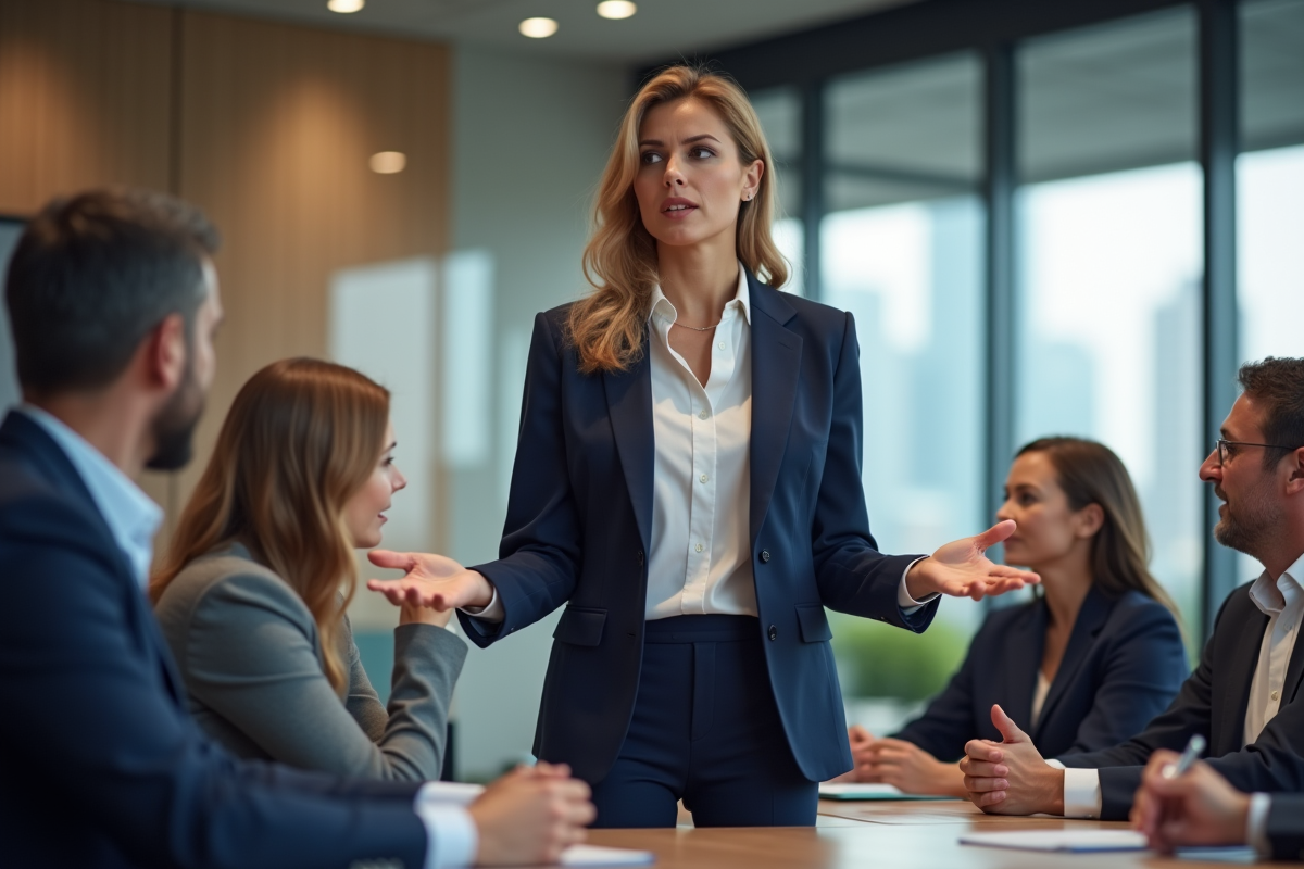 Femme confiante en costume navy lors d'une réunion professionnelle