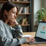 Femme frustrée face à une erreur de connexion sur la plateforme e-Greta Moodle depuis son bureau à domicile
