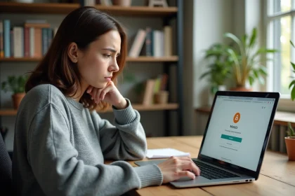 Femme frustrée face à une erreur de connexion sur la plateforme e-Greta Moodle depuis son bureau à domicile