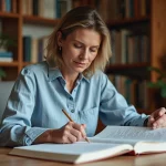 Femme étudiant la conjugaison des verbes du 1er et 2ème groupe dans un livre de grammaire française