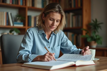 Femme étudiant la conjugaison des verbes du 1er et 2ème groupe dans un livre de grammaire française