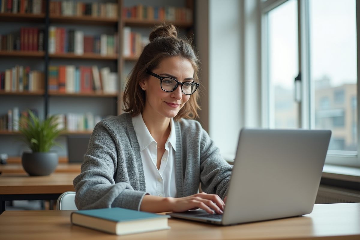 Femme en étude virtuelle dans une bibliothèque lumineuse