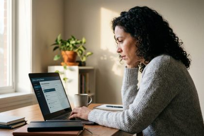 Femme adulte en reconversion professionnelle suivant une formation en ligne sur son ordinateur portable dans un bureau à domicile
