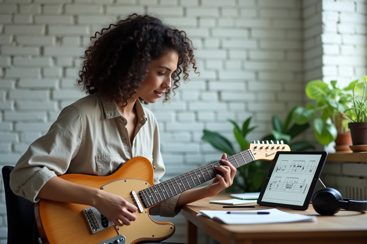 Femme guitariste débutante suivant un tutoriel vidéo sur tablette pour progresser seule à la guitare électrique