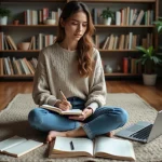 Jeune femme assise à lire dans un bureau cosy