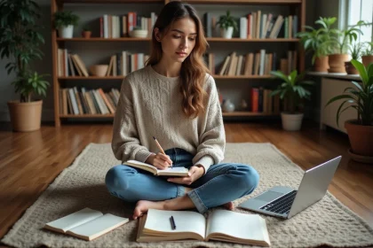 Jeune femme assise à lire dans un bureau cosy
