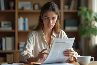Femme lisant attentivement les conditions d'abonnement d'un magazine business avant de souscrire