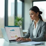 Femme professionnelle utilisant un logiciel de newsletter sur son ordinateur portable dans un bureau moderne