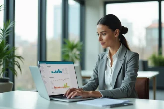 Femme professionnelle utilisant un logiciel de newsletter sur son ordinateur portable dans un bureau moderne