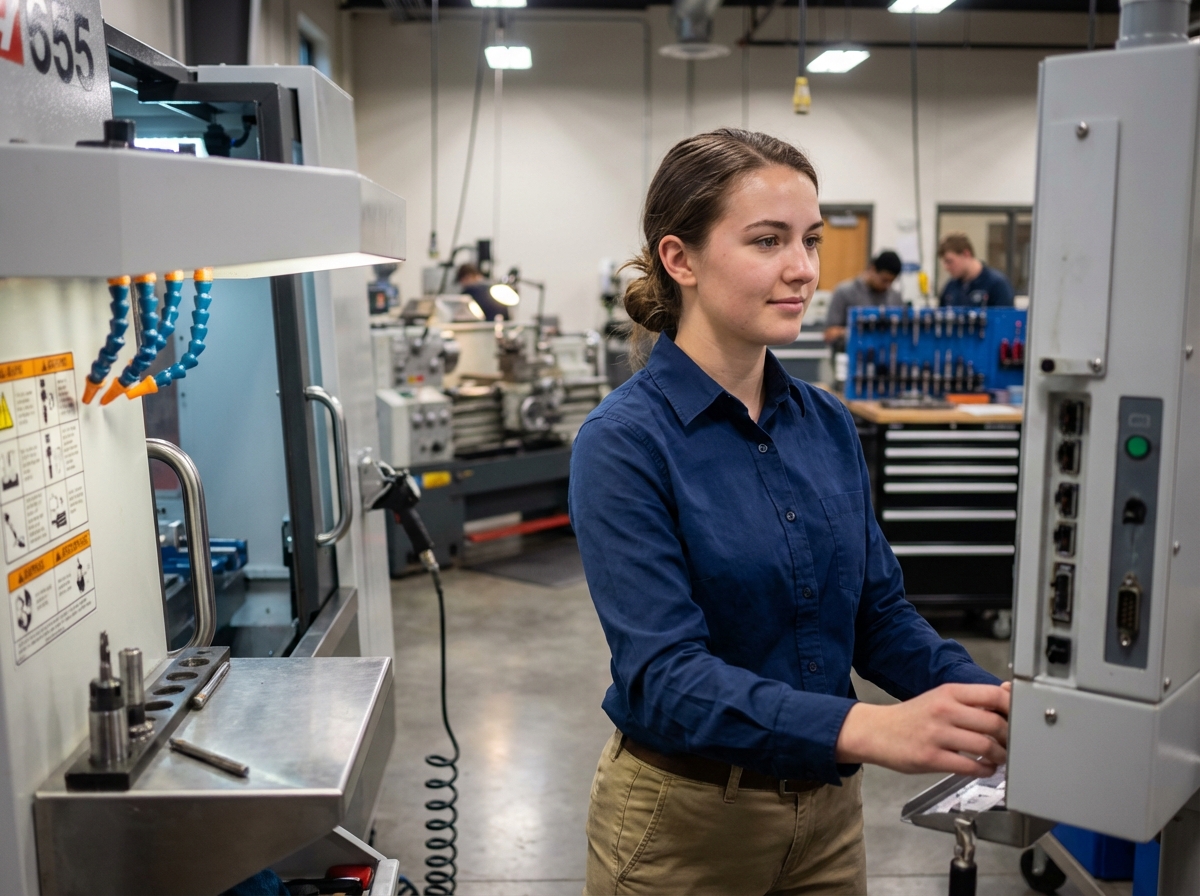 Jeune femme utilisant une machine CNC dans un atelier