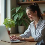 Jeune femme au bureau explore logiciel sur son ordinateur