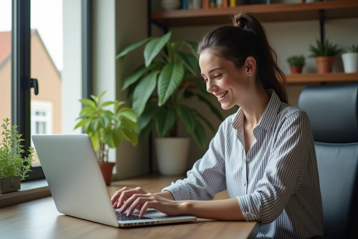 Jeune femme au bureau explore logiciel sur son ordinateur