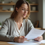 Femme lisant des papiers dans une cuisine moderne