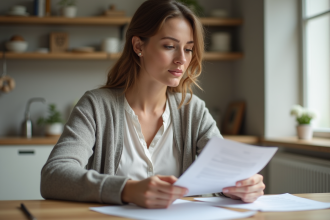 Femme lisant des papiers dans une cuisine moderne