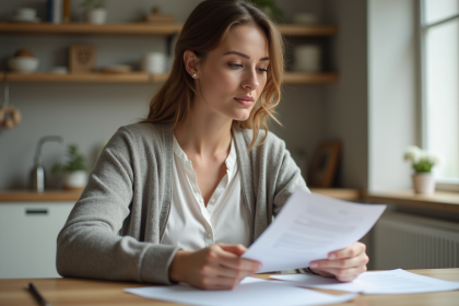 Femme lisant des papiers dans une cuisine moderne