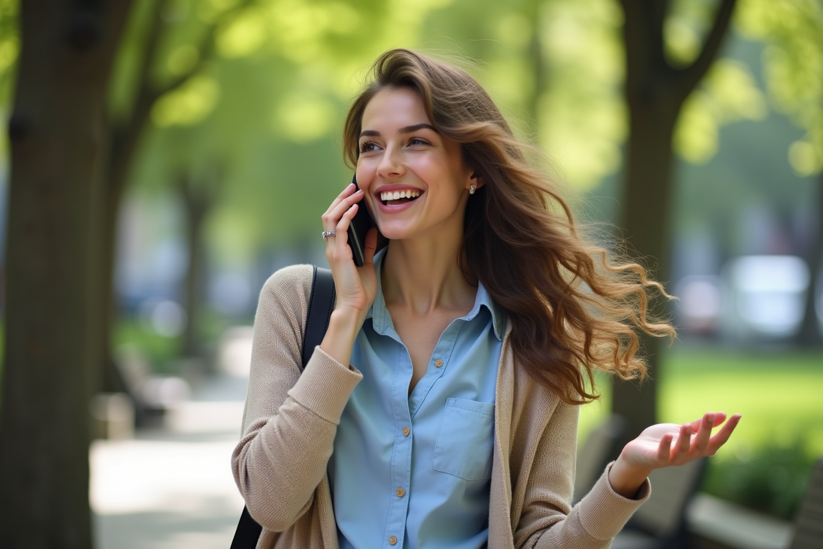 Jeune femme parlant au téléphone dans un parc urbain