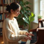 Femme jouant du piano chez elle pour progresser rapidement, assise devant un piano droit dans un salon cosy