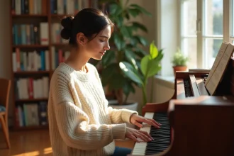Femme jouant du piano chez elle pour progresser rapidement, assise devant un piano droit dans un salon cosy