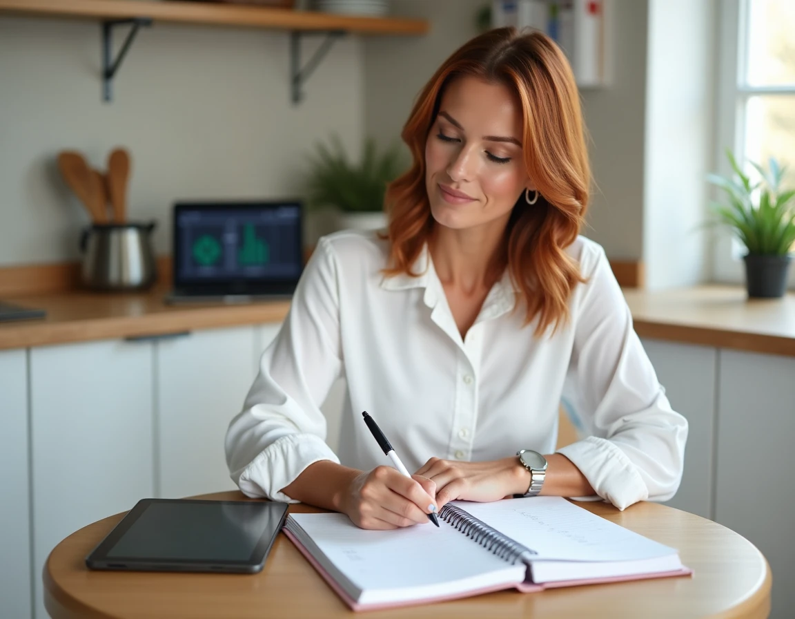 Femme planifiant une séquence d'emails marketing avec un carnet et une tablette à la maison