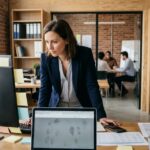 Femme polyvalente travaillant dans une PME, gérant plusieurs tâches simultanément à son bureau dans un open space moderne