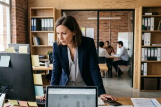 Femme polyvalente travaillant dans une PME, gérant plusieurs tâches simultanément à son bureau dans un open space moderne