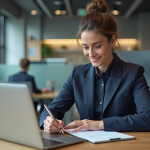 Femme professionnelle en bureau avec ordinateur et notes