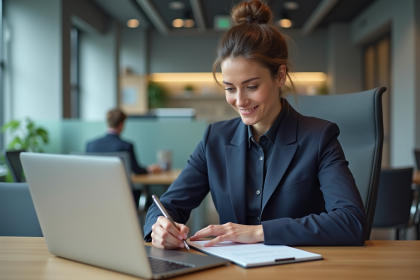 Femme professionnelle en bureau avec ordinateur et notes