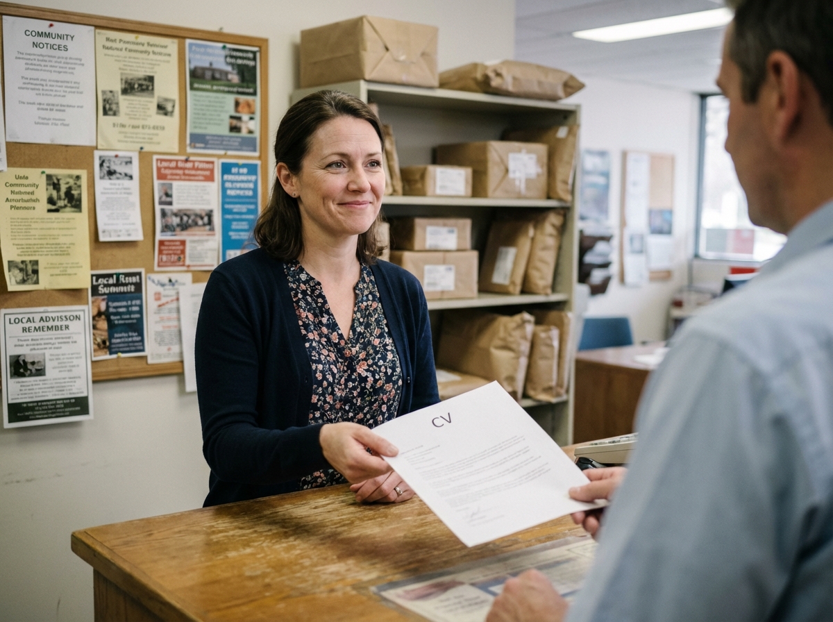 Femme souriante déposant son CV au bureau de poste