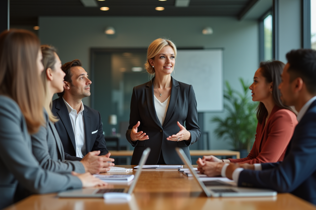 Femme en réunion avec son équipe dans un bureau ouvert