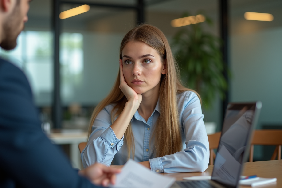 Jeune femme en réunion avec expression sceptique
