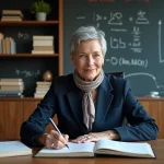 Femme d'âge moyen en bureau moderne avec livres et équations