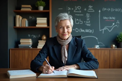 Femme d'âge moyen en bureau moderne avec livres et équations