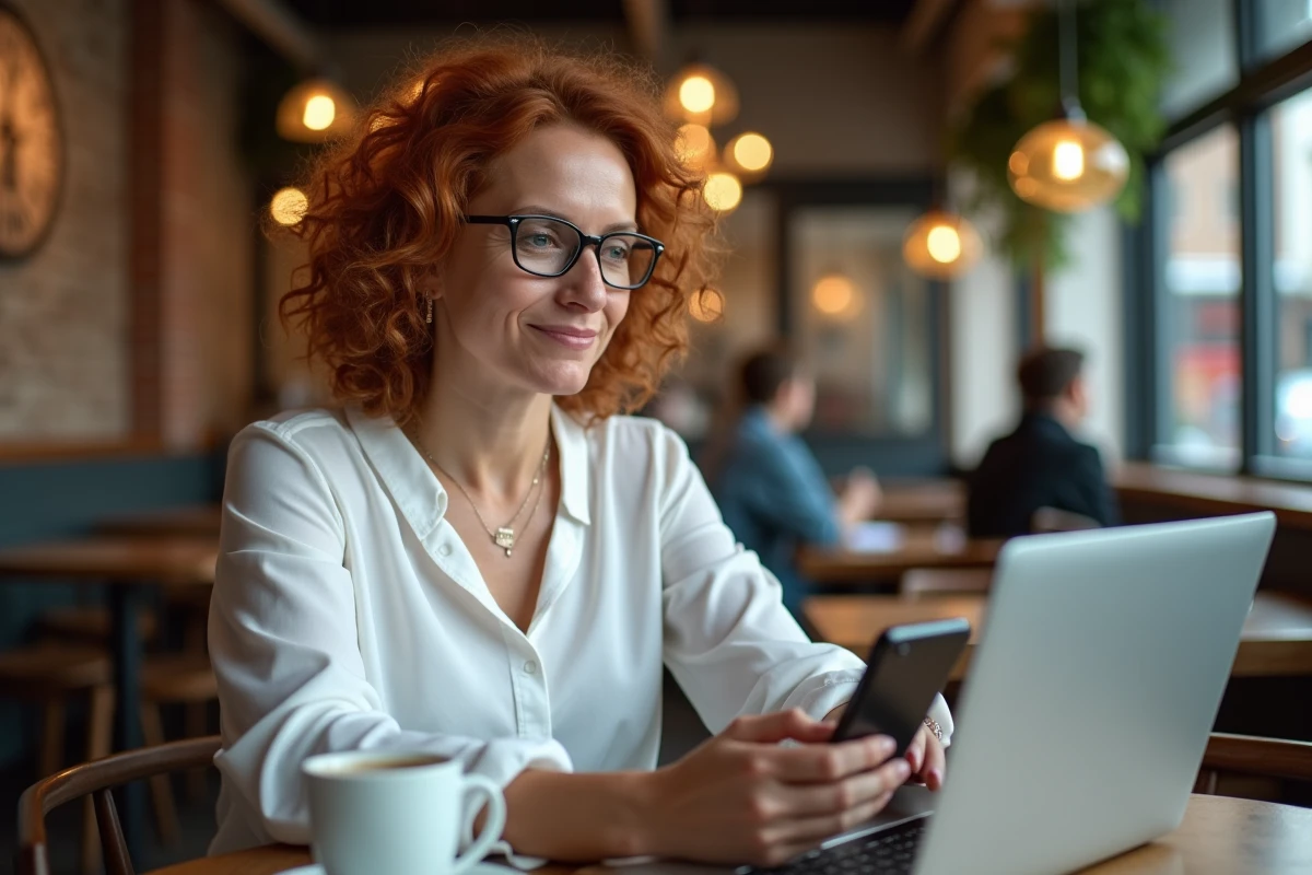 Femme avec lunettes cherchant une solution à un problème de connexion Moodle depuis un café avec son ordinateur et son téléphone