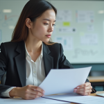 Jeune femme en bureau professionnel examine des documents