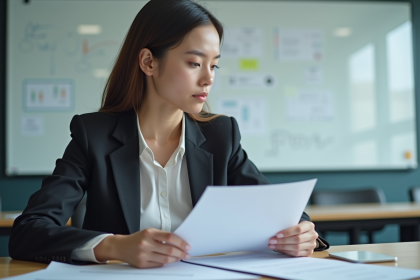 Jeune femme en bureau professionnel examine des documents