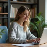Jeune femme concentrée sur son ordinateur dans un bureau cosy