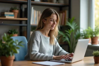 Jeune femme concentrée sur son ordinateur dans un bureau cosy
