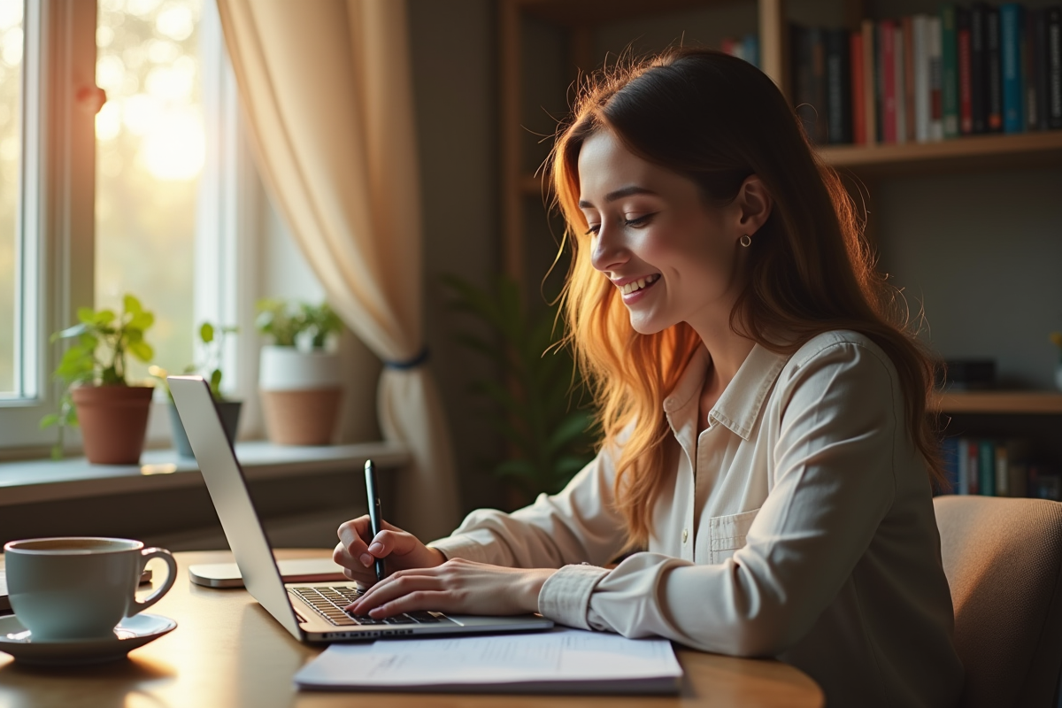 Jeune femme au bureau à la maison utilisant son ordinateur