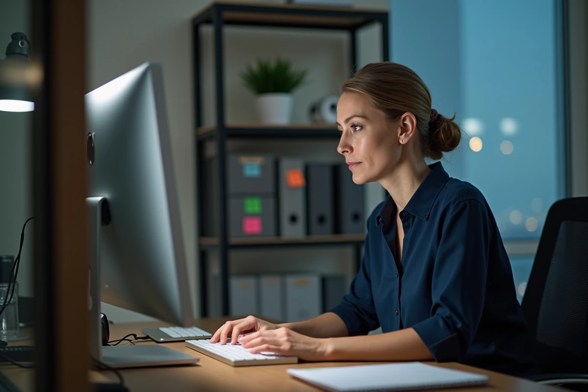 Femme IT concentrée sur son ordinateur dans un bureau calme
