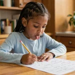 Jeune fille de CE1 faisant un exercice imprimé à la table de la cuisine à la maison