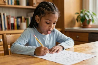 Jeune fille de CE1 faisant un exercice imprimé à la table de la cuisine à la maison